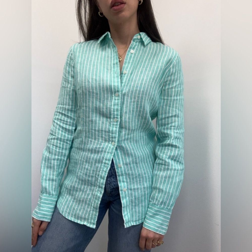 Baird McNutt J. Crew Green Striped Irish Linen Shirt Perfect Fit Size 4T - Picture 1 of 8